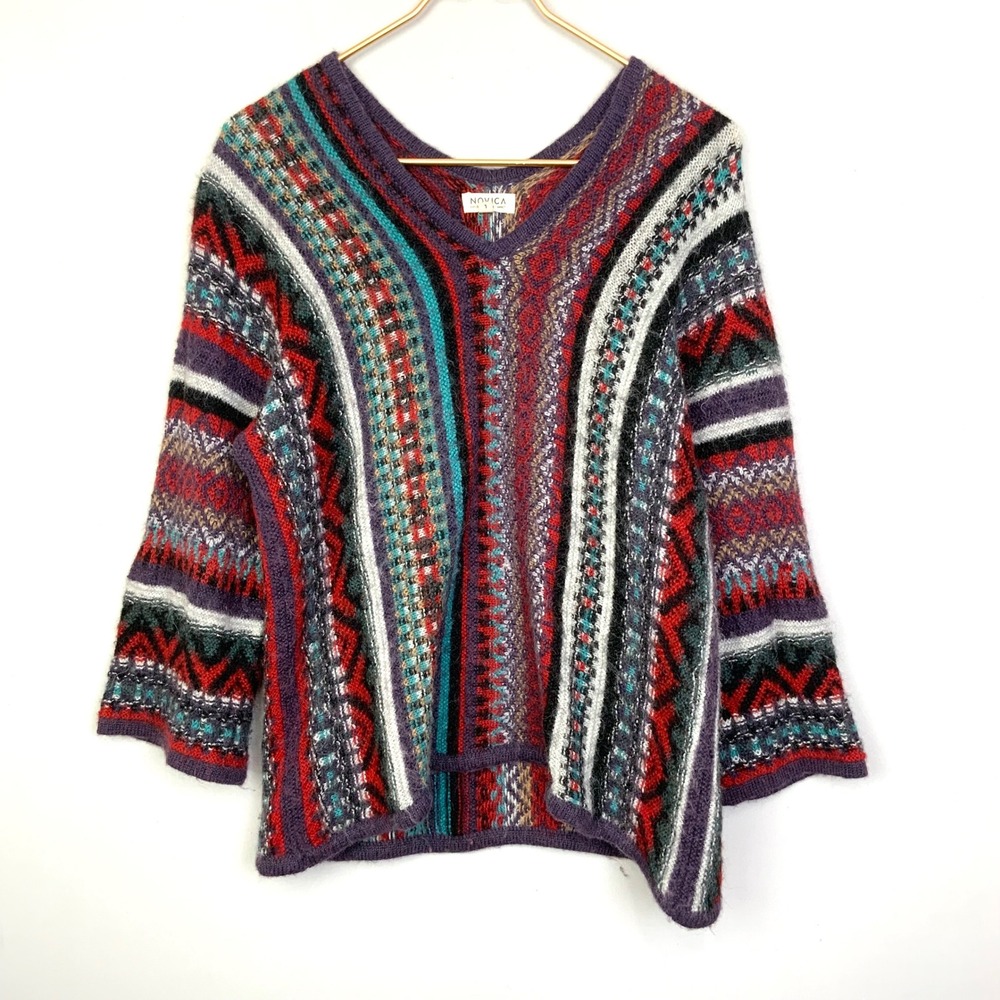 NOVICA Sz Large Multicolor Striped Wool Alpaca Kimono Sleeve V-Neck Sweater Peru